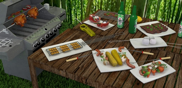 3D BBQ picnic picture with bunch of BBQ accessories
